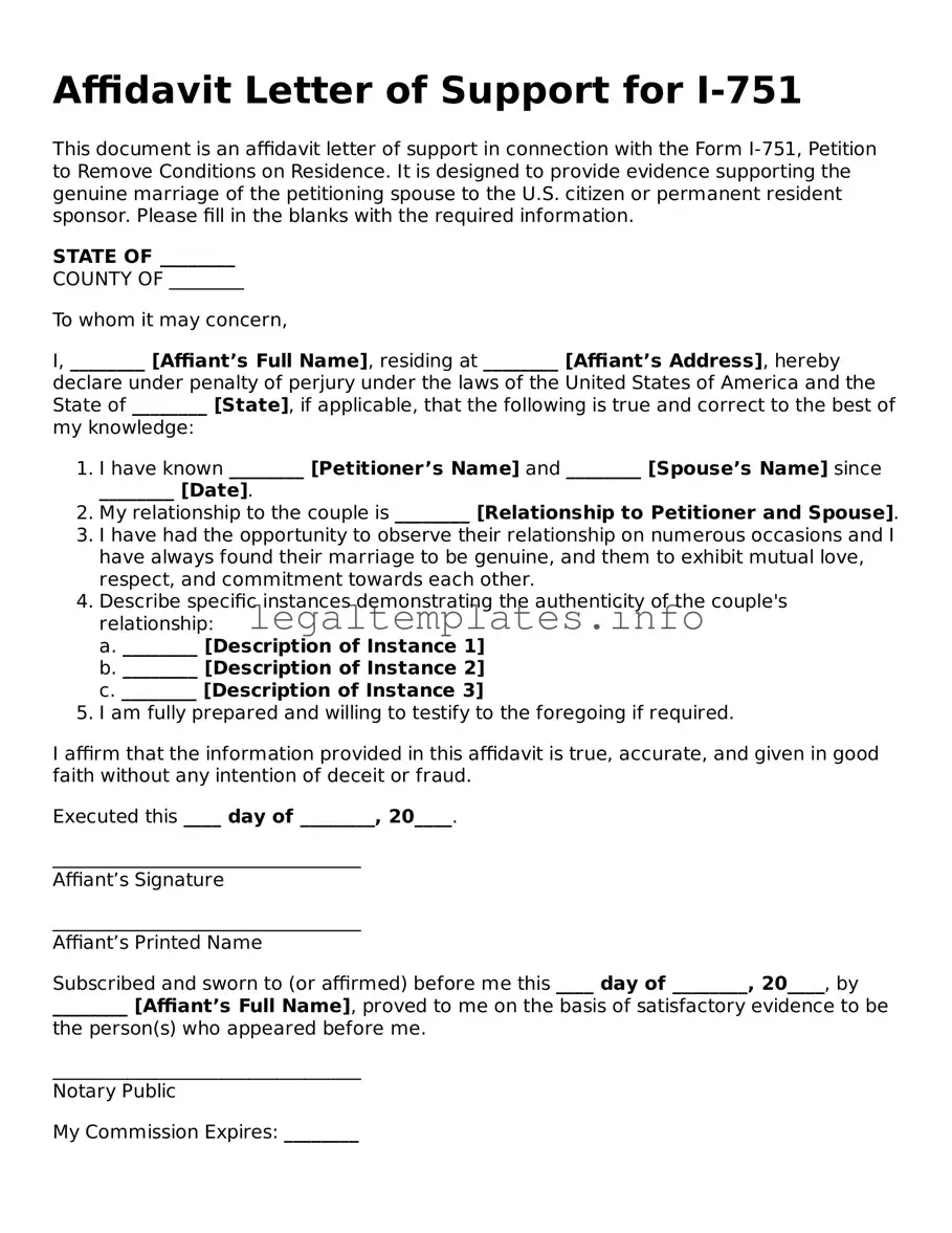 Fillable Affidavit Letter of Support for I-751 Document