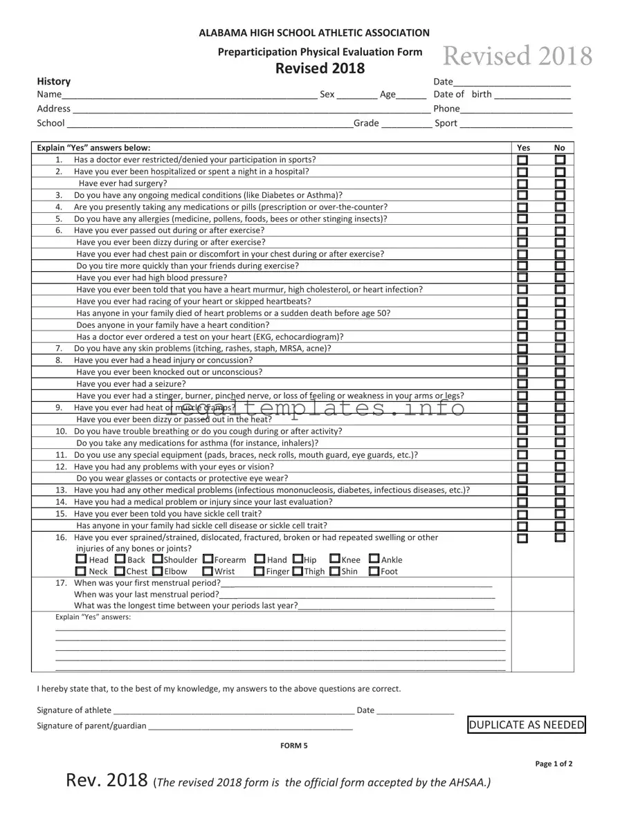 Fill a Valid Alabama High School Physical Form