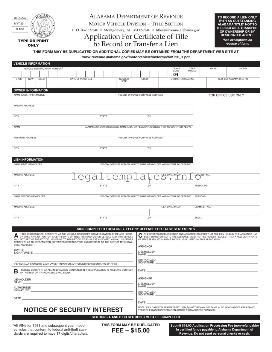 Fill a Valid Alabama Mvt 20 1 Form