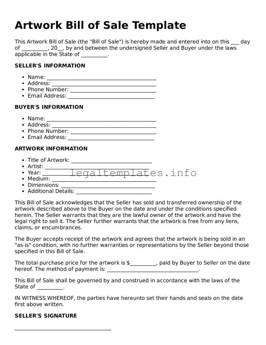 Fillable Artwork Bill of Sale Document