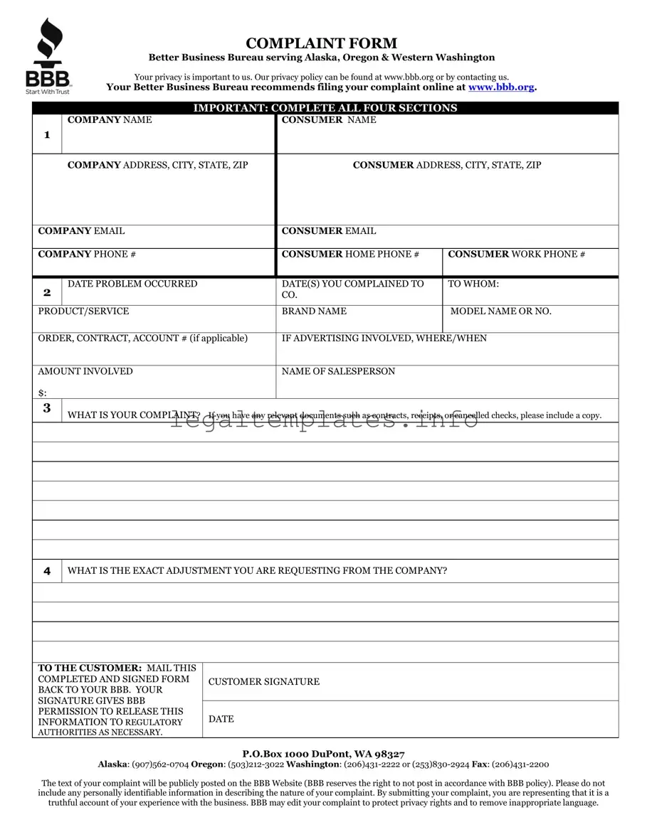 Fill a Valid Bbb Complaint Form