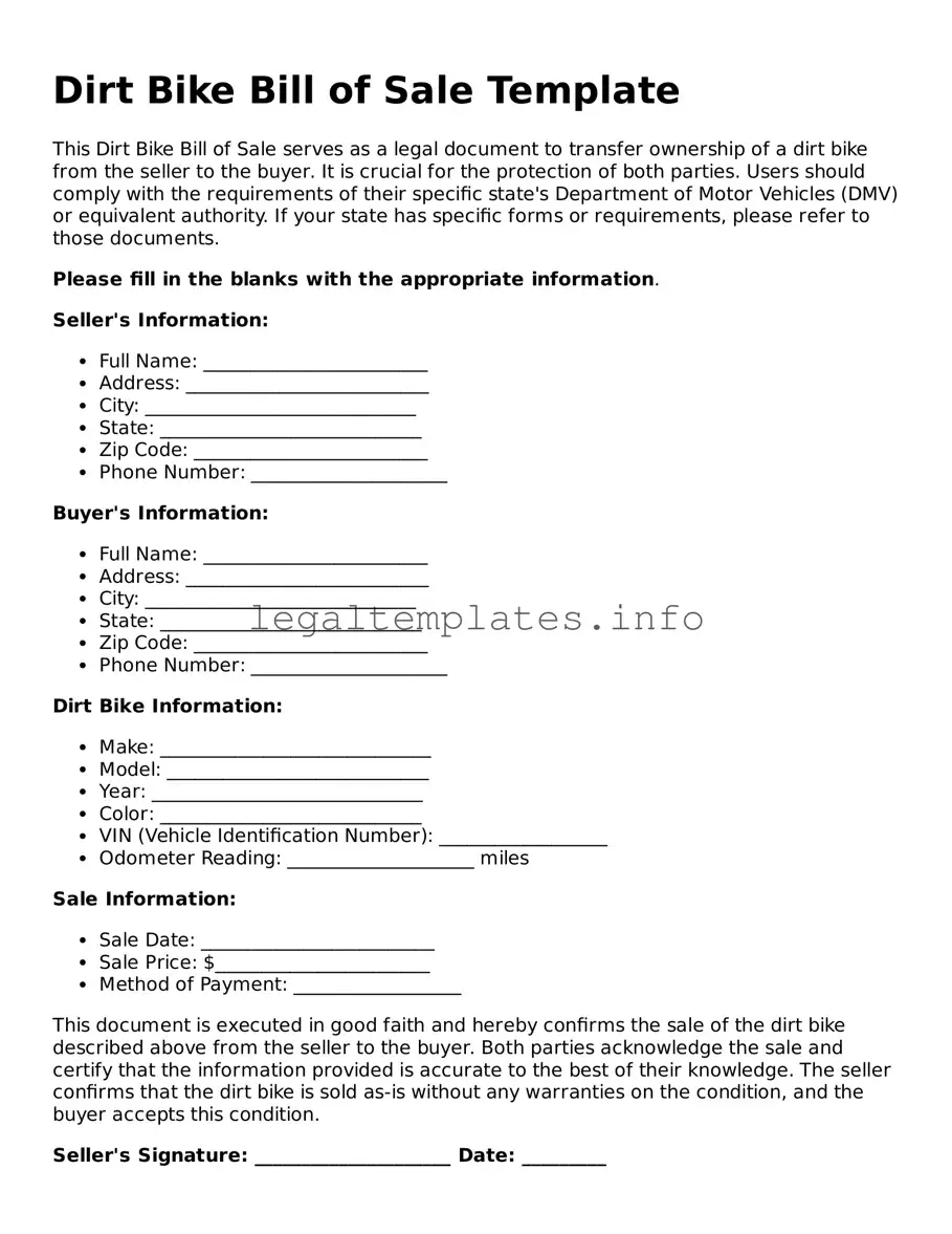 Fillable Dirt Bike Bill of Sale Document