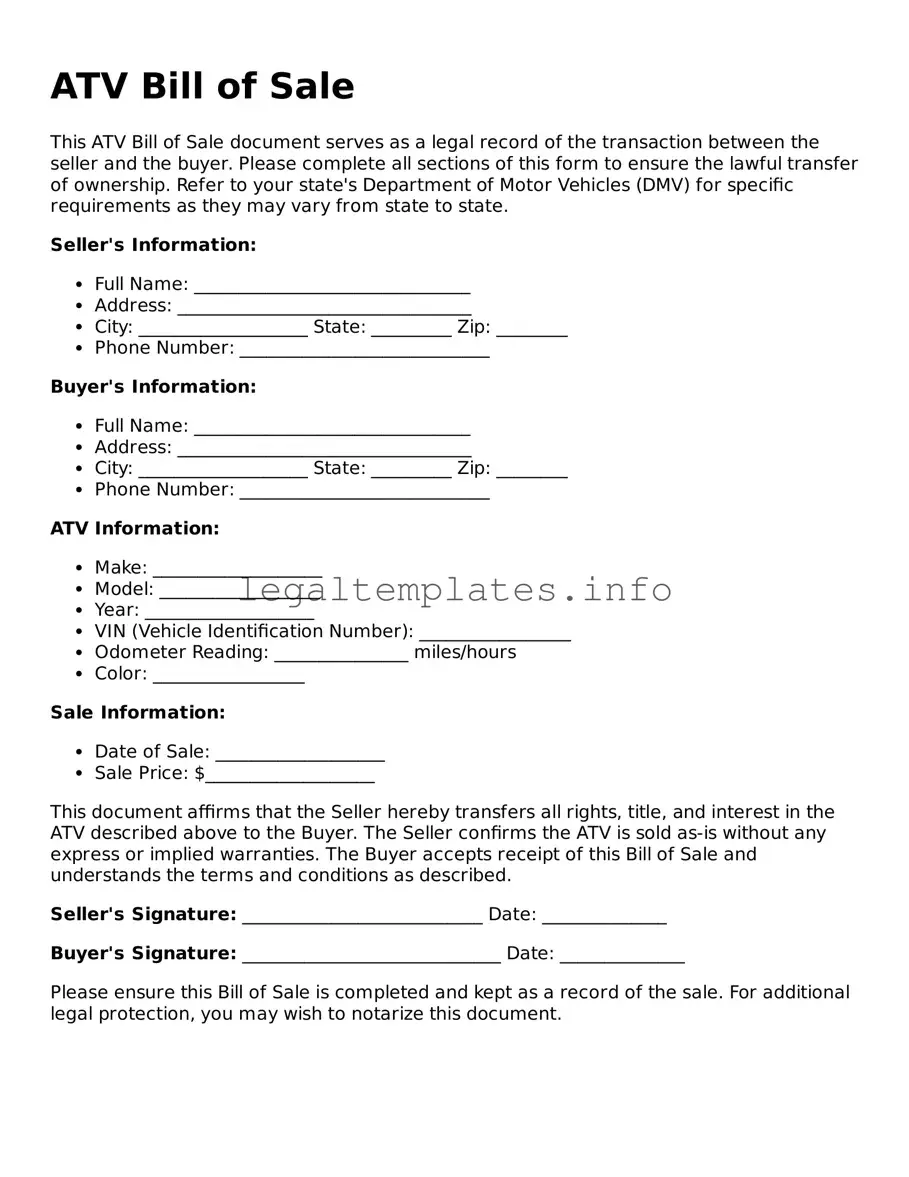 Fillable ATV Bill of Sale Document
