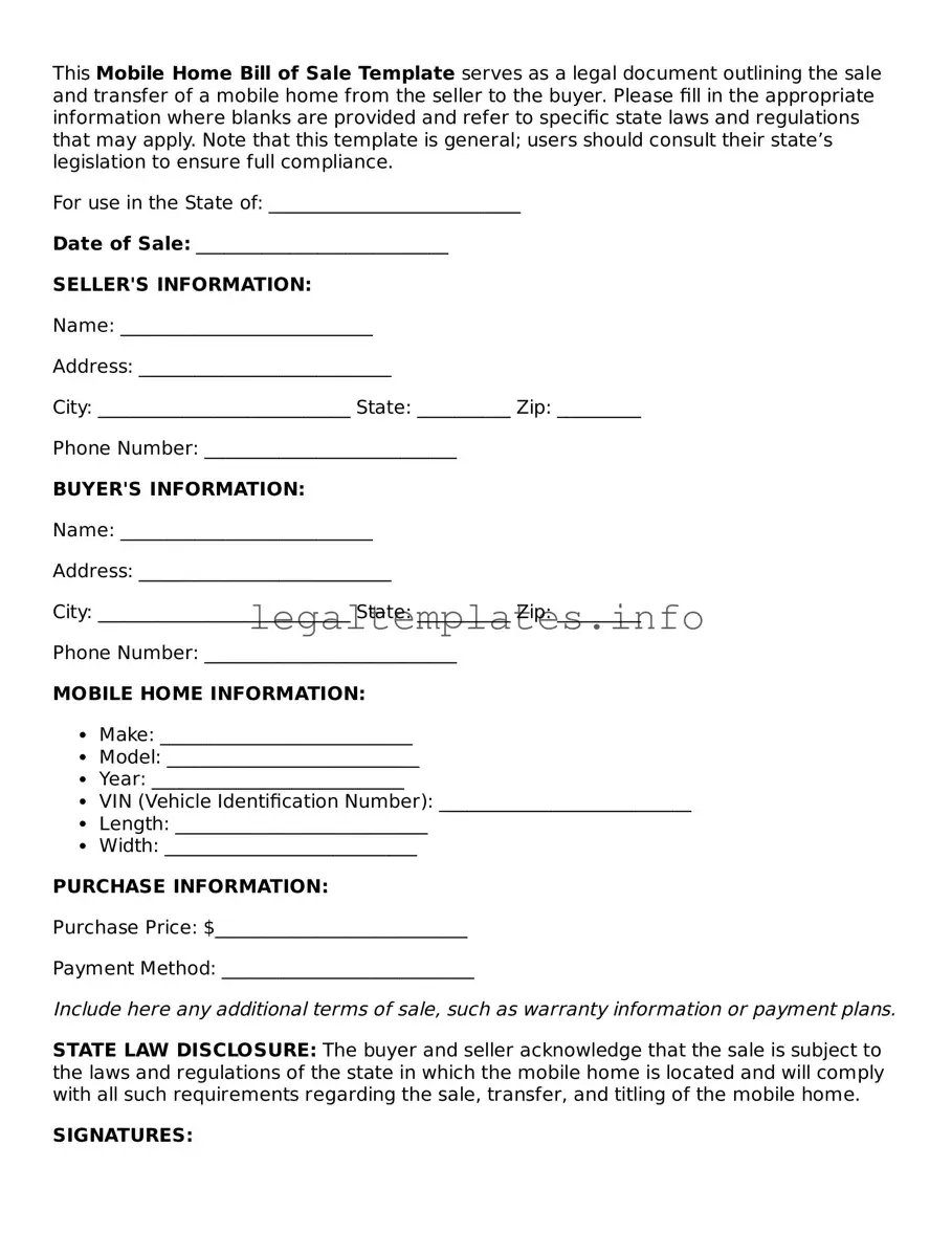 Fillable Mobile Home Bill of Sale Document