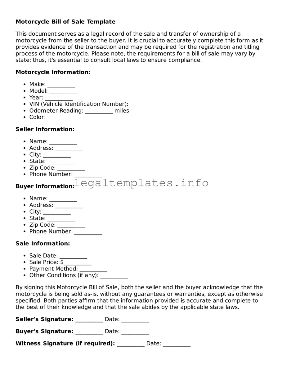 Fillable Motorcycle Bill of Sale Document