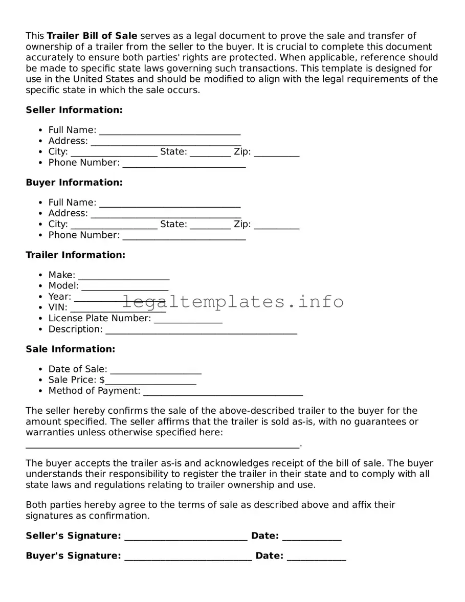 Fillable Trailer Bill of Sale Document