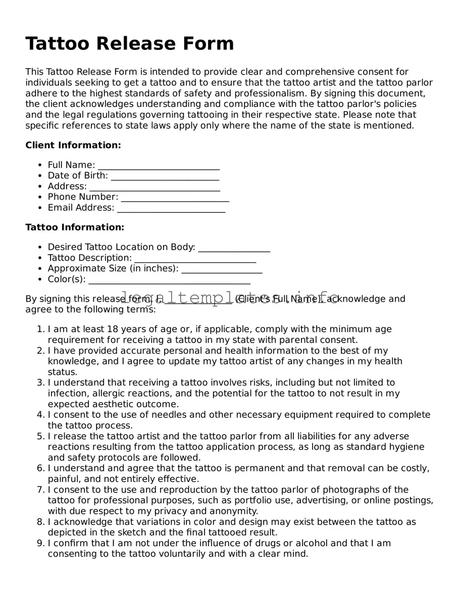 Fillable Tattoo Release Document