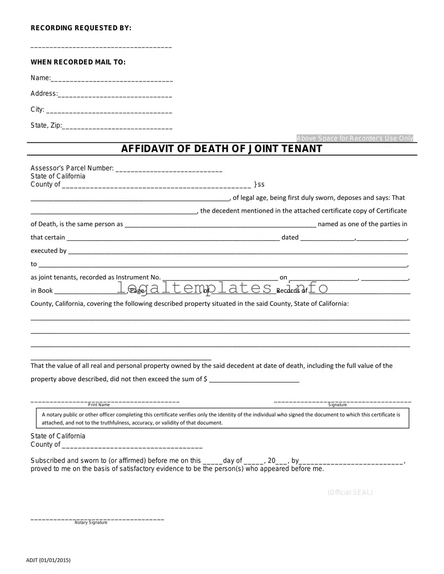 Fill a Valid California Death of a Joint Tenant Affidavit Form