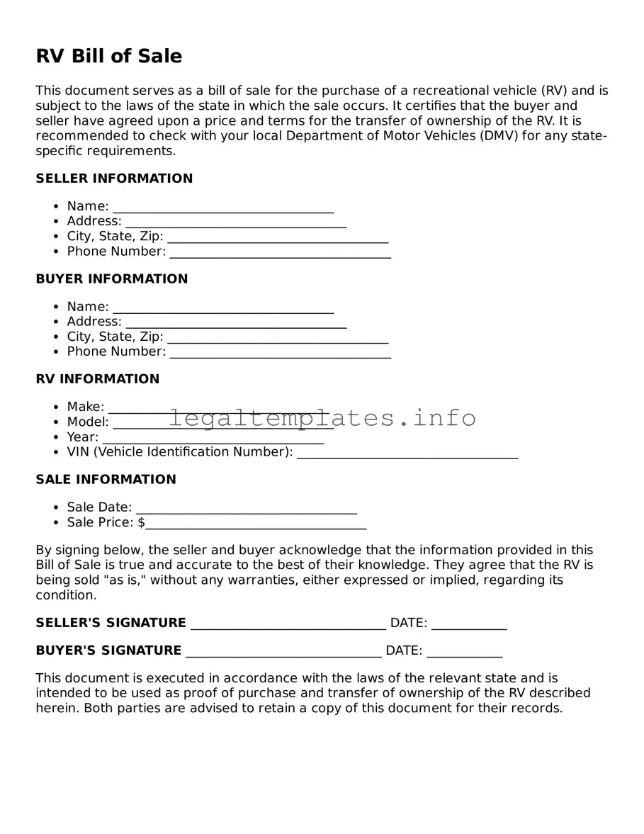 Fillable RV Bill of Sale Document