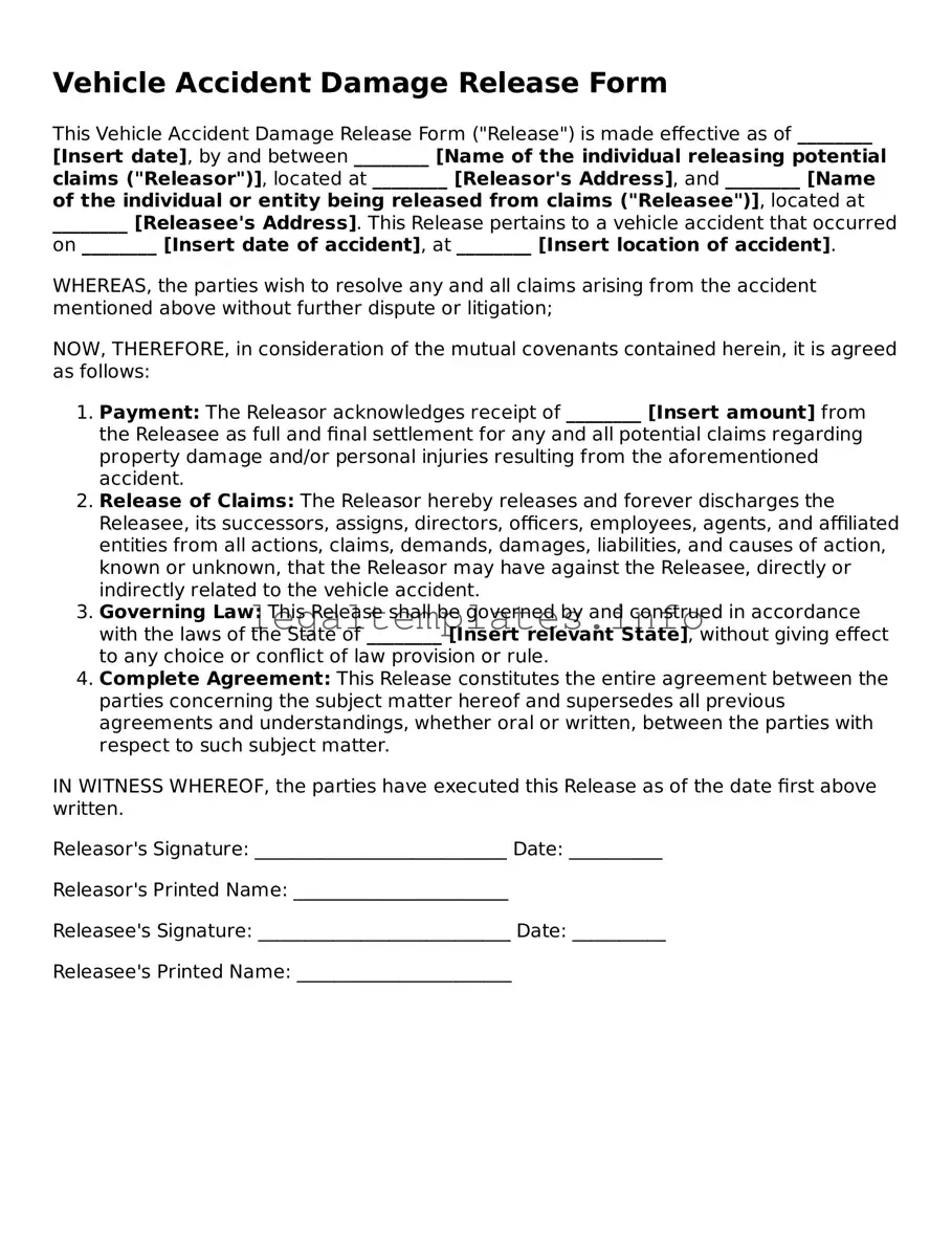Fillable Vehicle Accident Damage Release Document