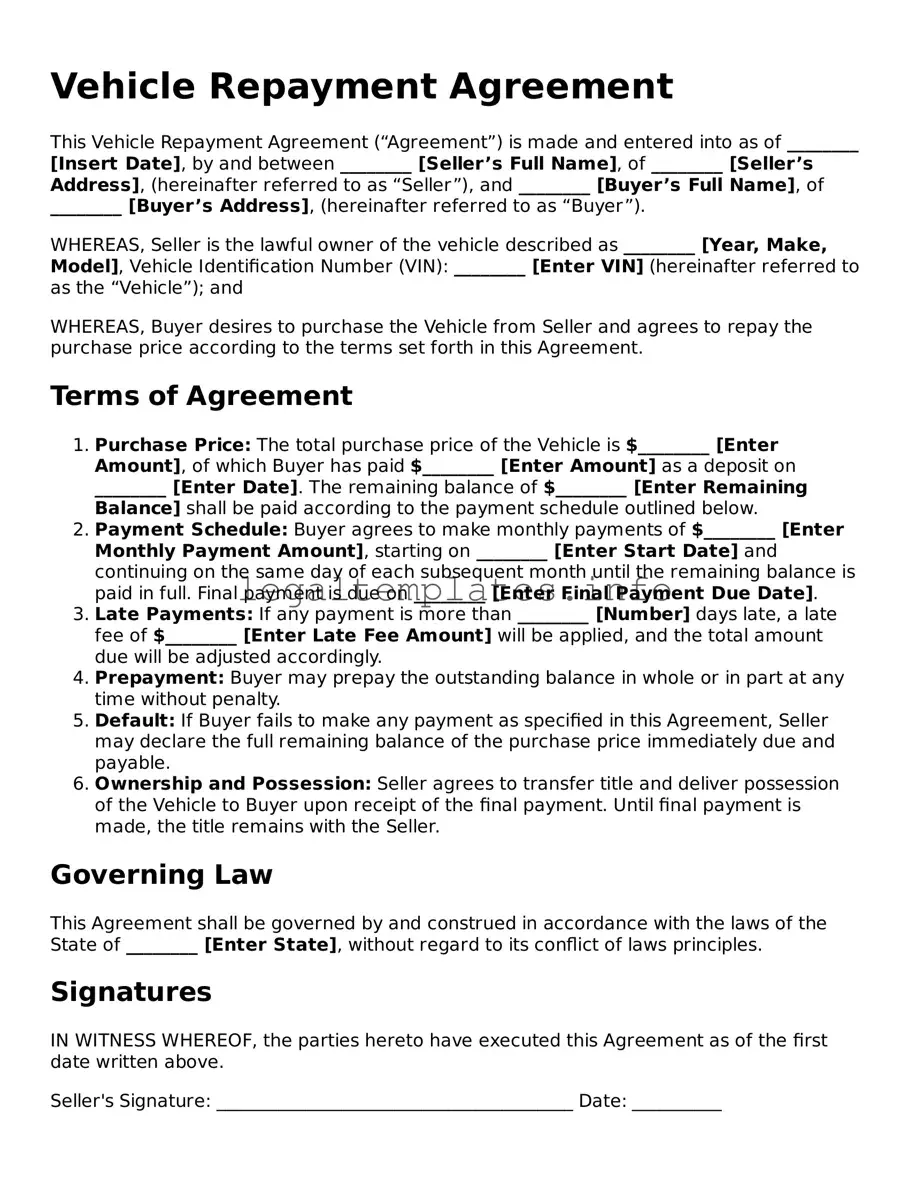 Fillable Vehicle Repayment Agreement Document