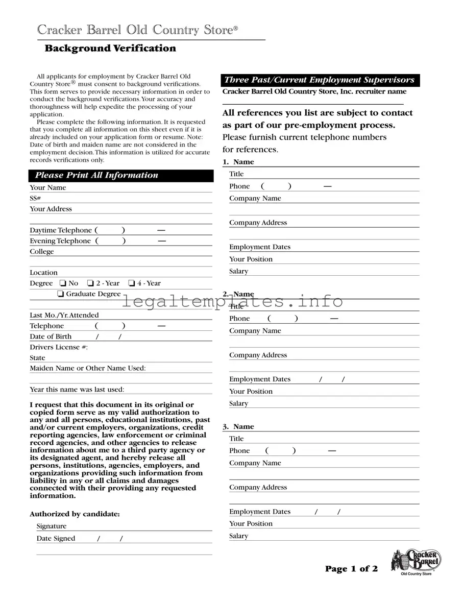 Fill a Valid Cracker Barrel Background Check Form
