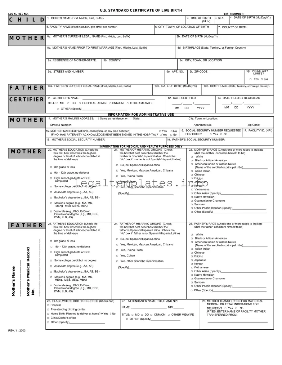 Fill a Valid CDC U.S. Standard Certificate of Live Birth Form