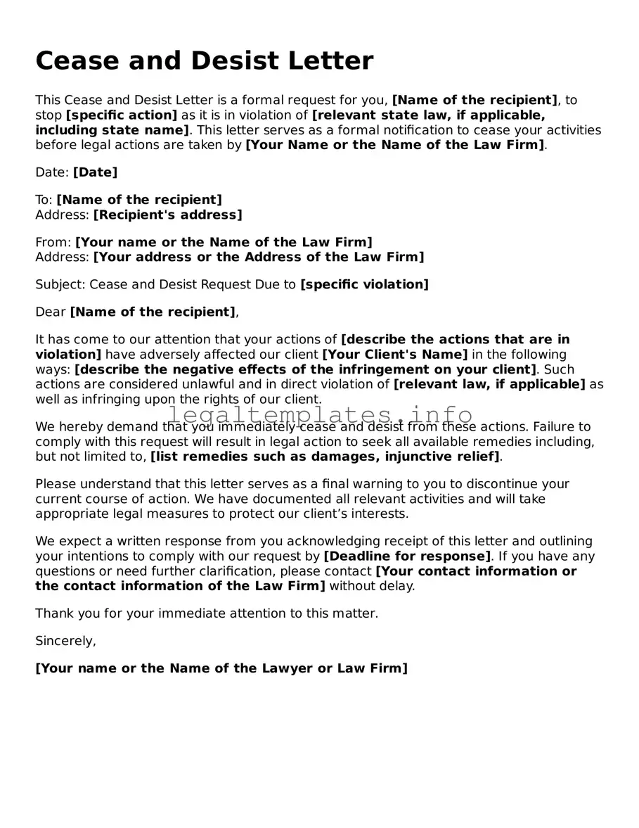 Fillable Cease and Desist Letter Document