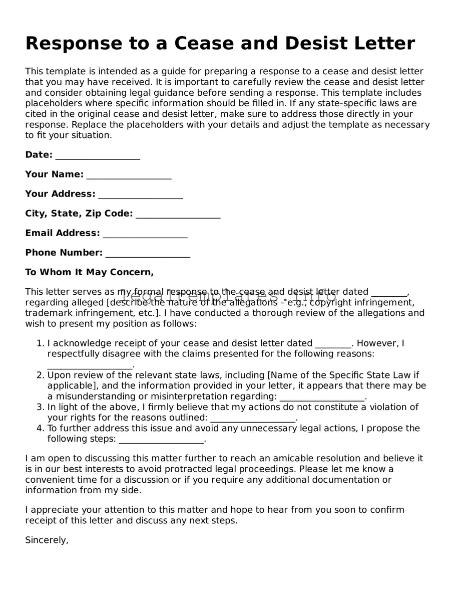 Fillable Response to a Cease and Desist Letter Document
