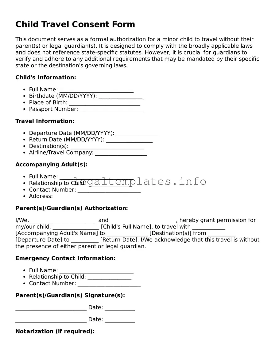 Fillable Child Travel Consent Form Document