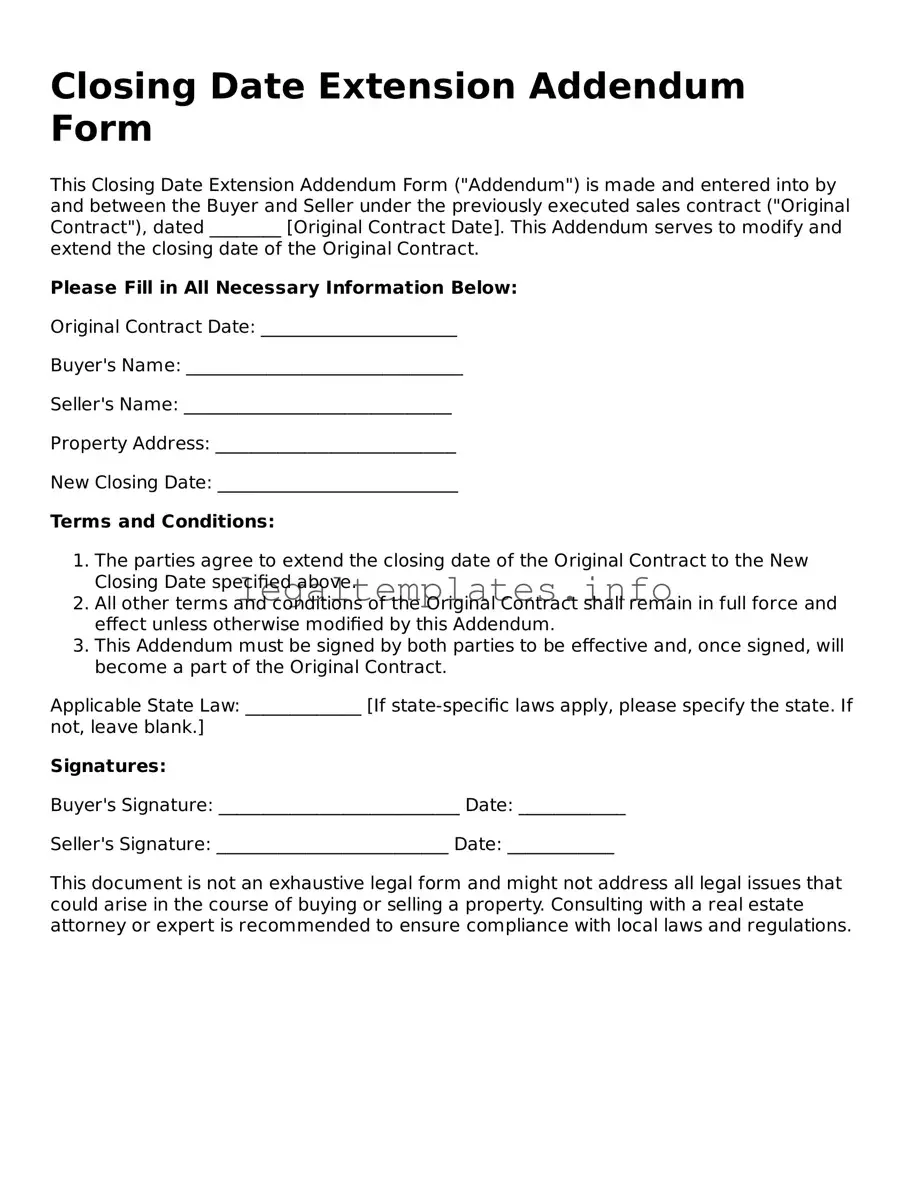 Fillable Closing Date Extension Addendum Form Document
