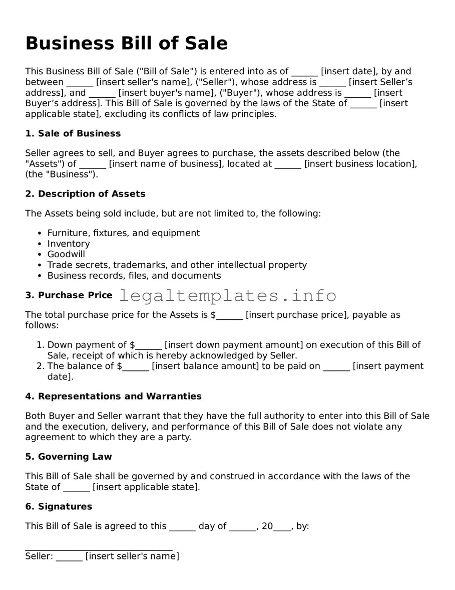 Fillable Business Bill of Sale Document