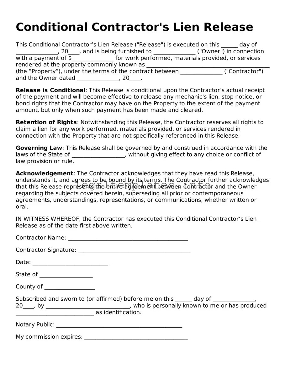 Fillable Conditional Contractor’s Lien Release Document