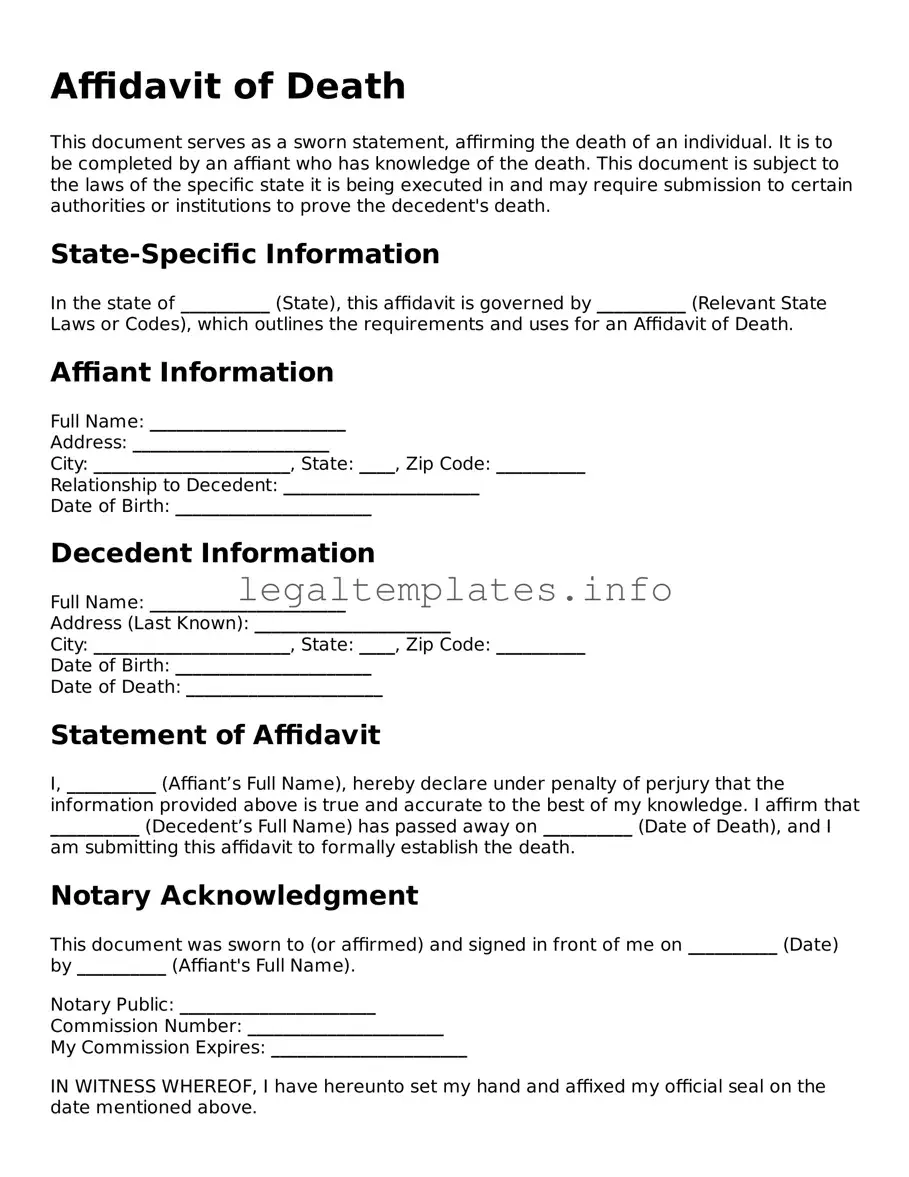 Fillable Affidavit of Death Document