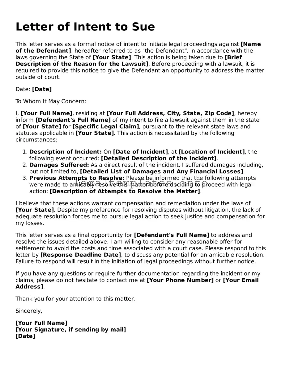 Fillable Letter of Intent to Sue Document