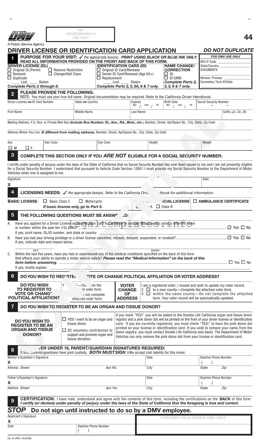 Fill a Valid Ca Dmv Dl 44 Form