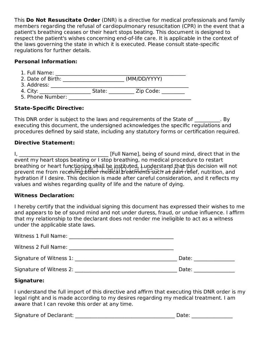 Fillable Do Not Resuscitate Order Document