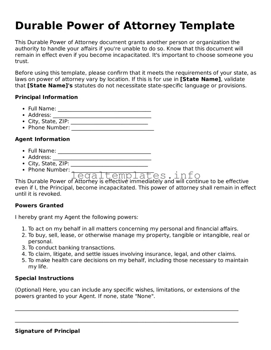 Fillable Durable Power of Attorney Document