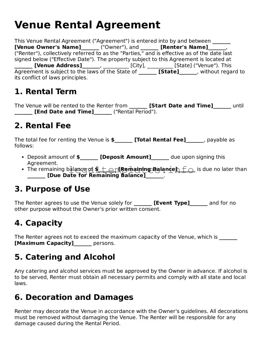 Fillable Venue Rental Agreement Document
