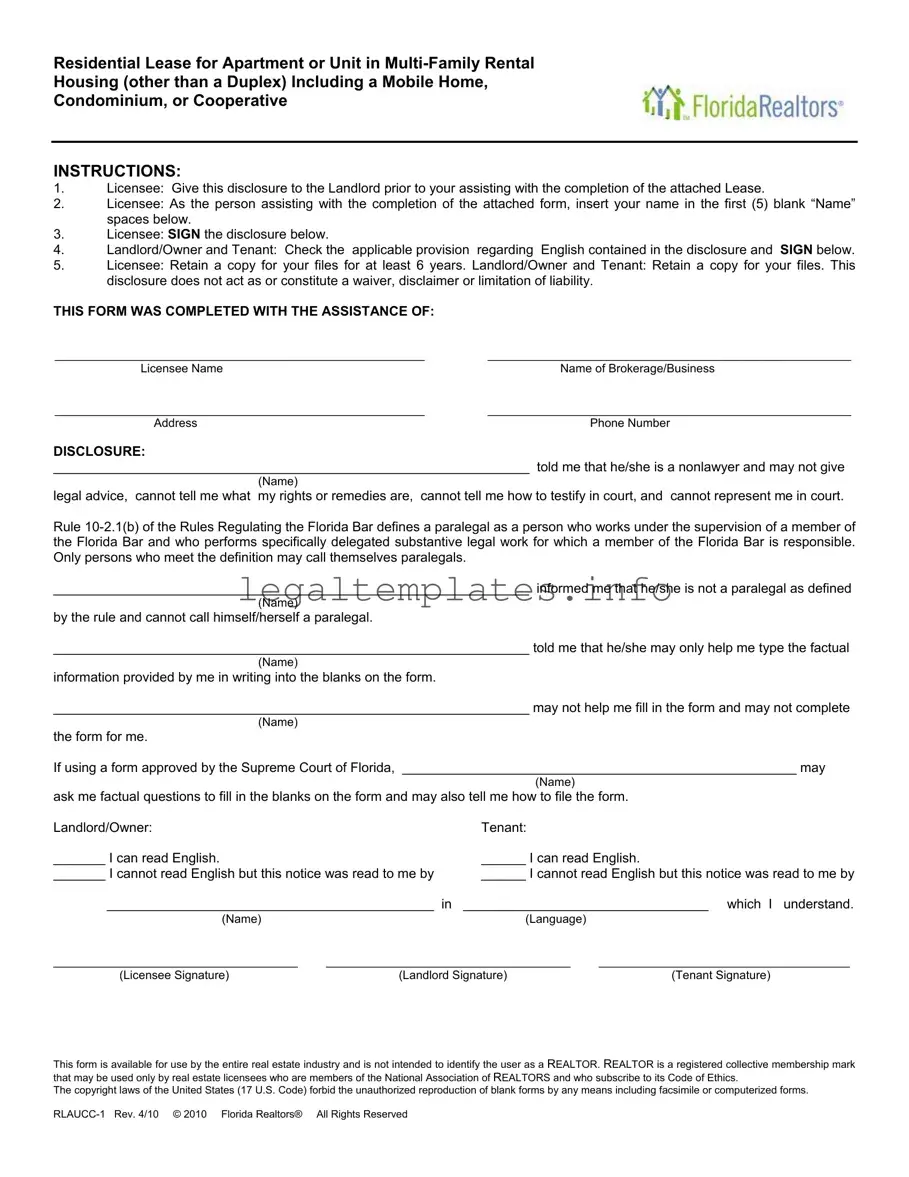 Fill a Valid Florida Realtors Residential Lease Form