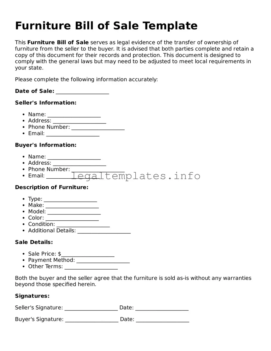 Fillable Furniture Bill of Sale Document