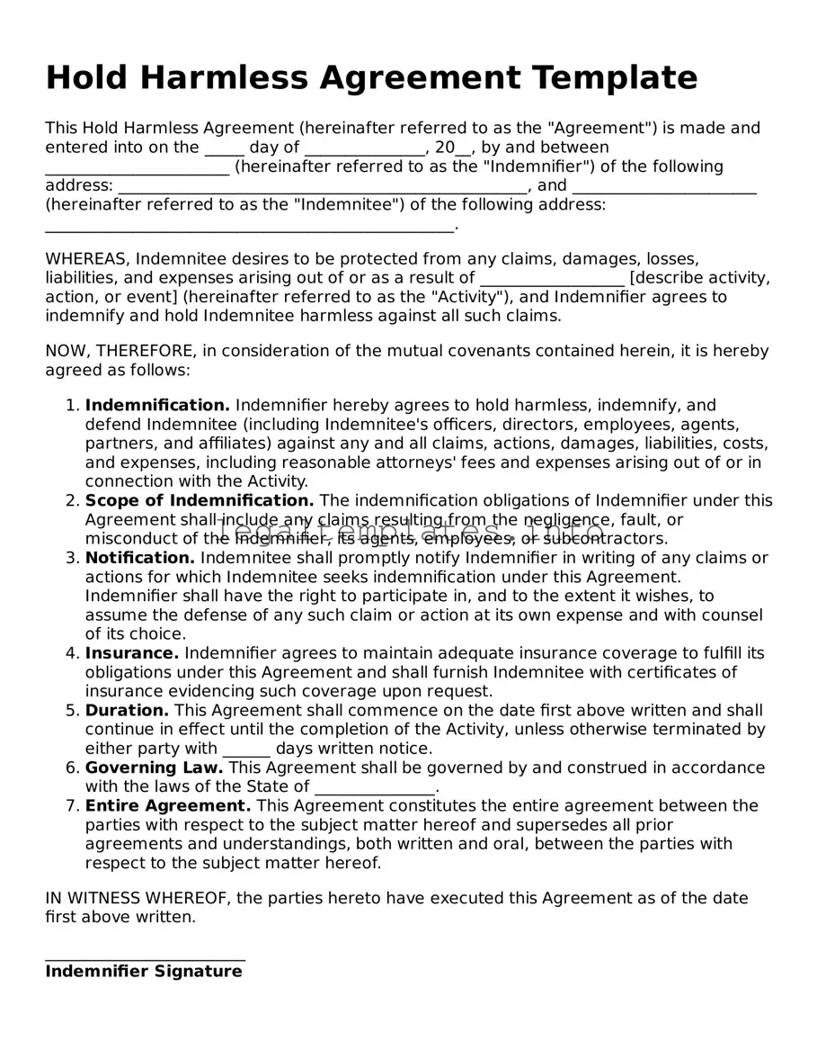 Fillable Hold Harmless Agreement Document