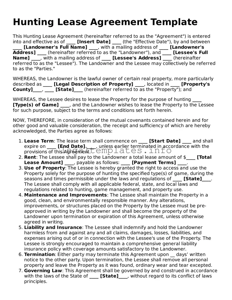 Fillable Hunting Lease Agreement Document