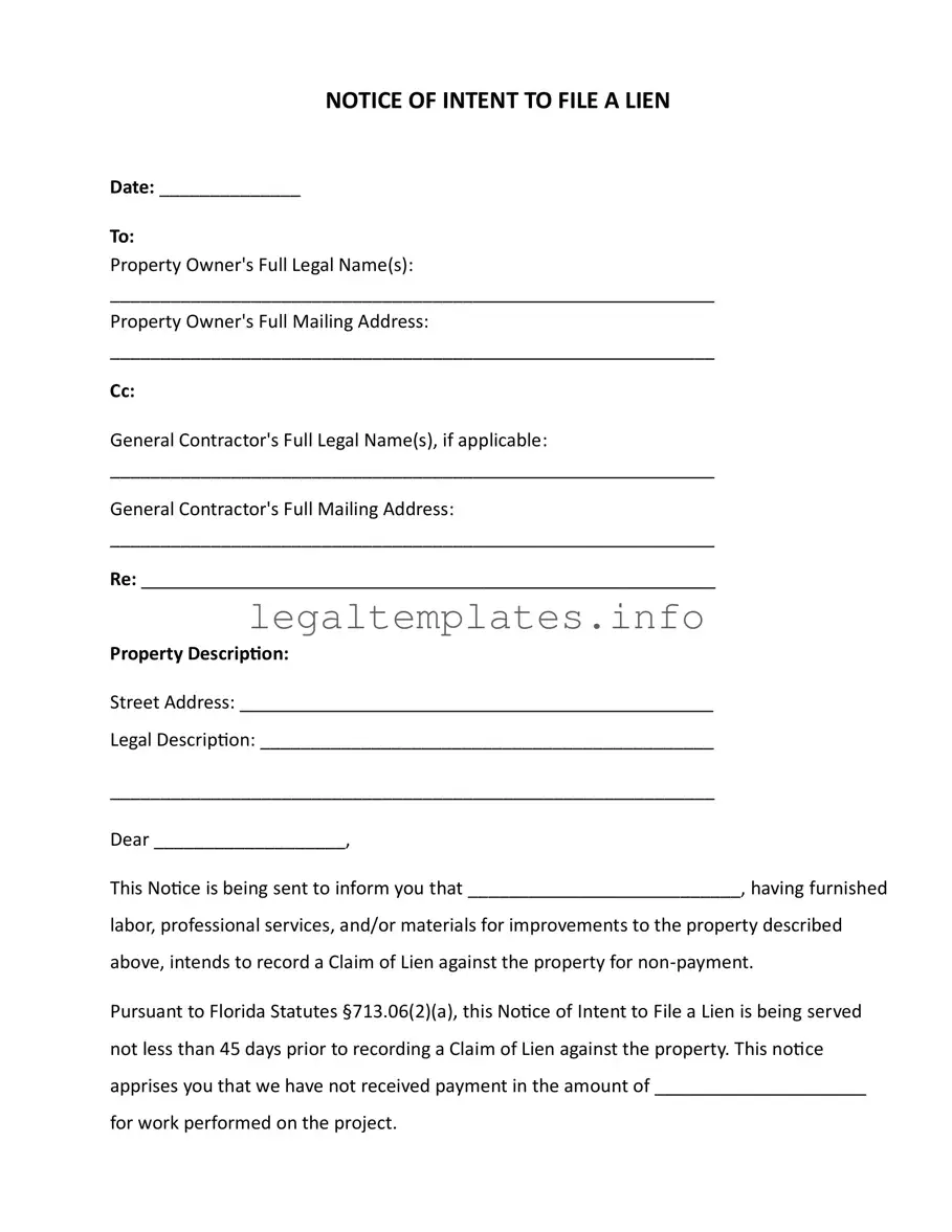 Fill a Valid Intent To Lien Florida Form