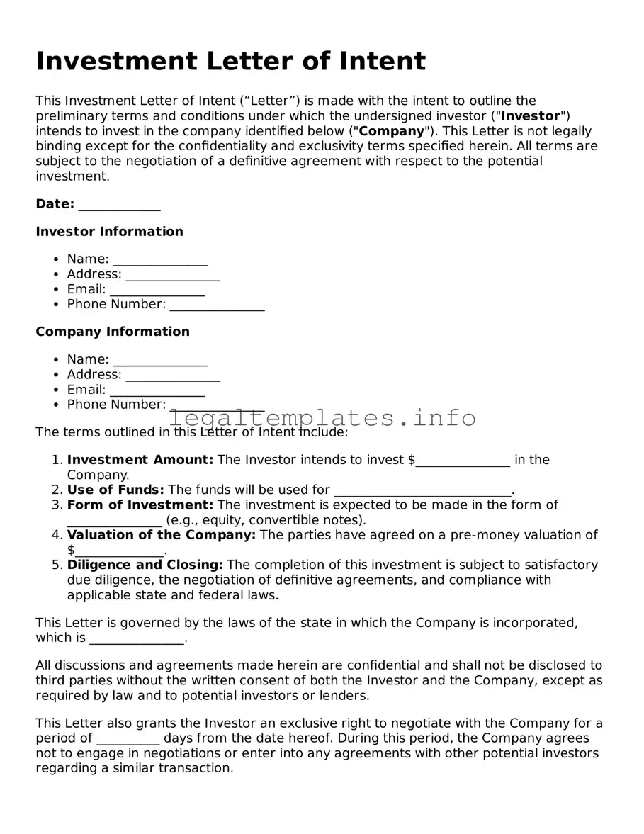 Fillable Investment Letter of Intent Document