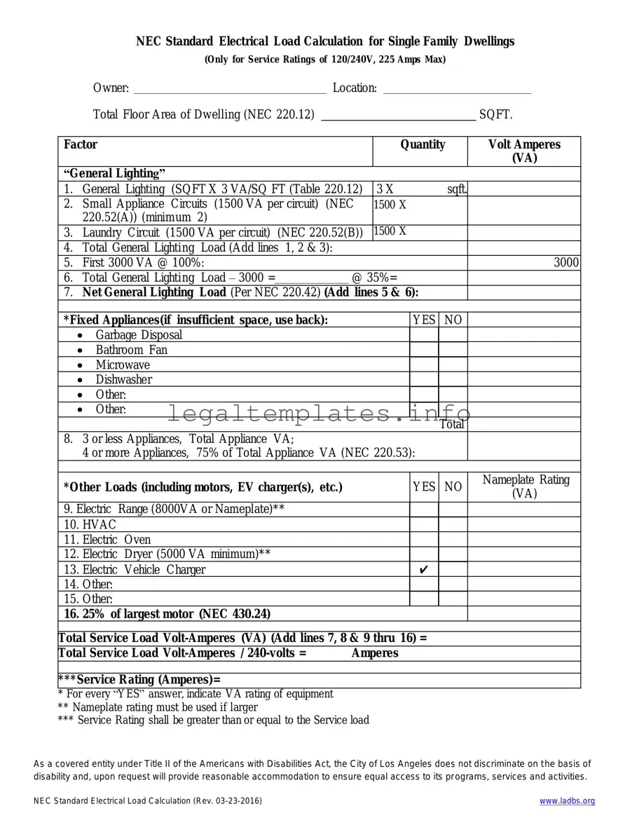 Fill a Valid LADBS NEC Standard Electrical Load Calculation Form