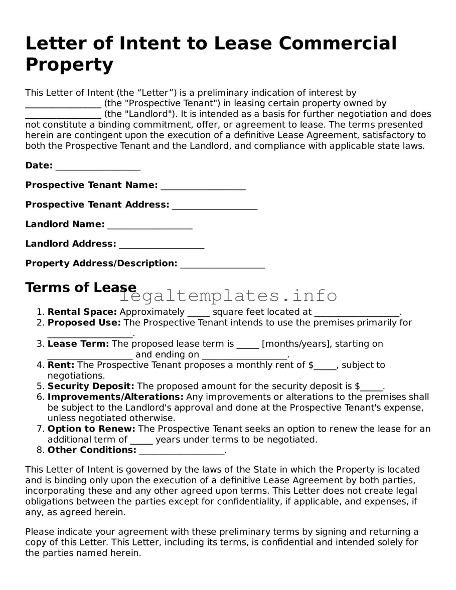 Fillable Letter of Intent to Lease Commercial Property Document