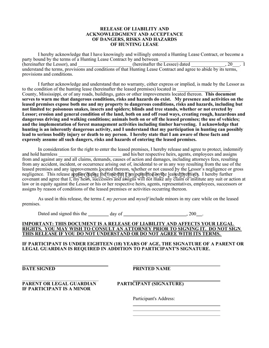 Fill a Valid Liability Hunting Form