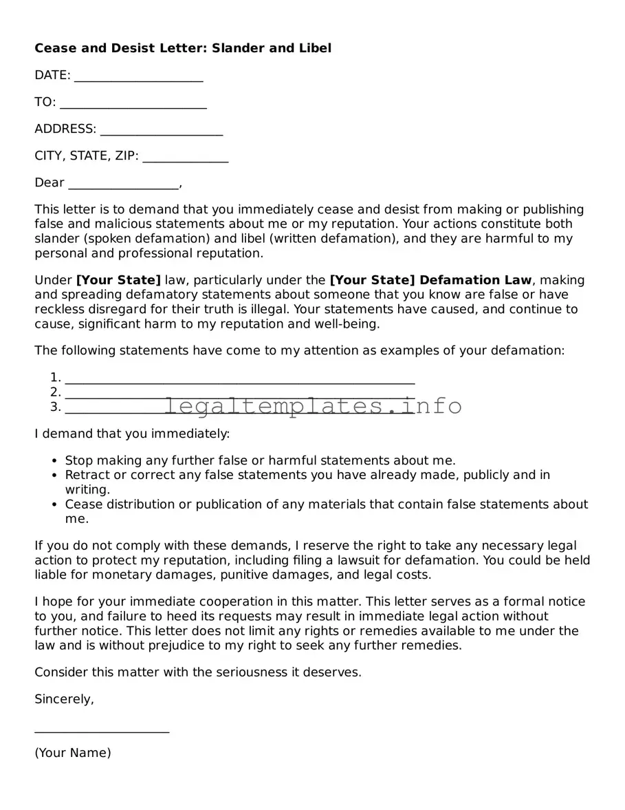 Fillable Cease and Desist Slander and Libel Letter Document