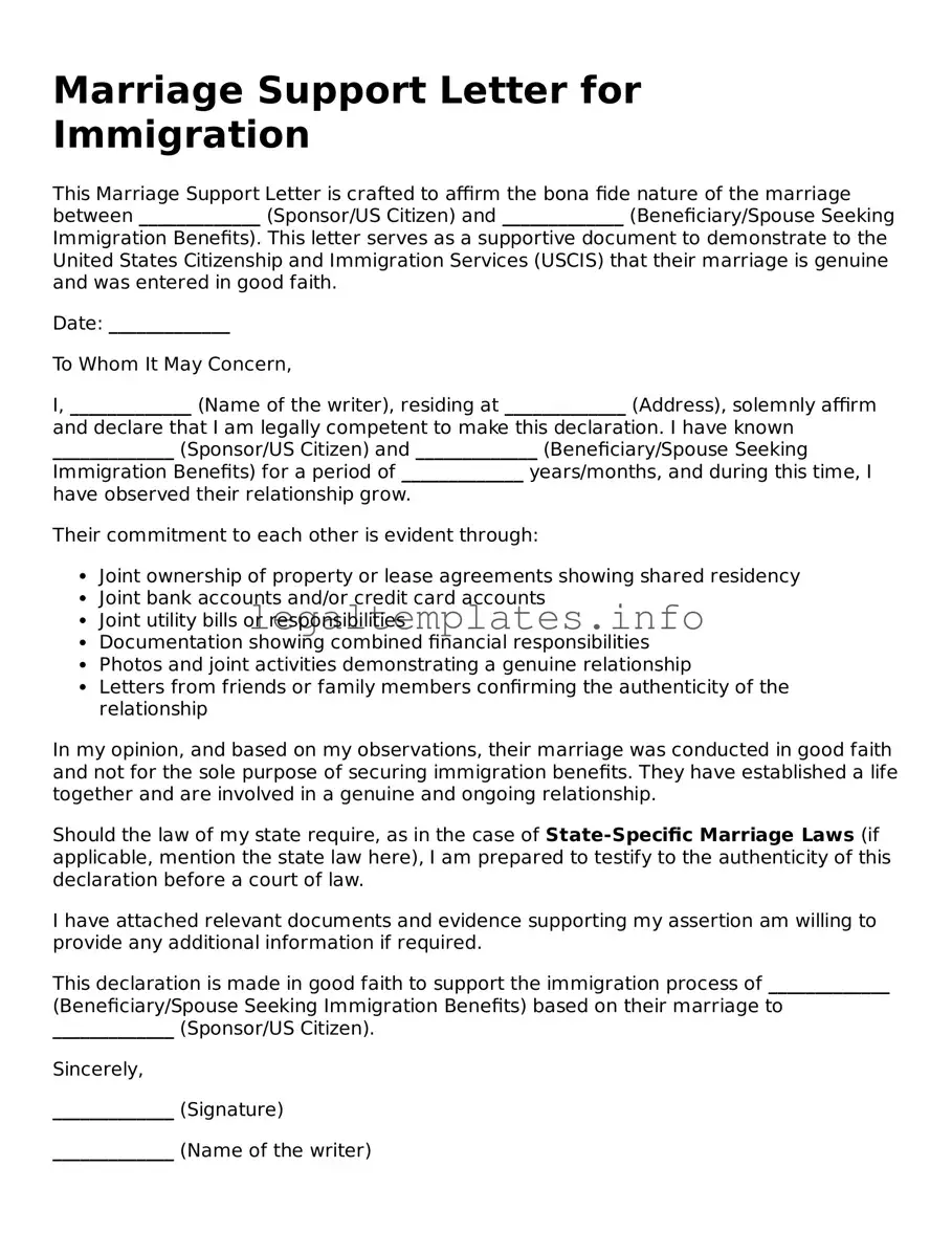 Fillable Marriage Support Letter for Immigration Document