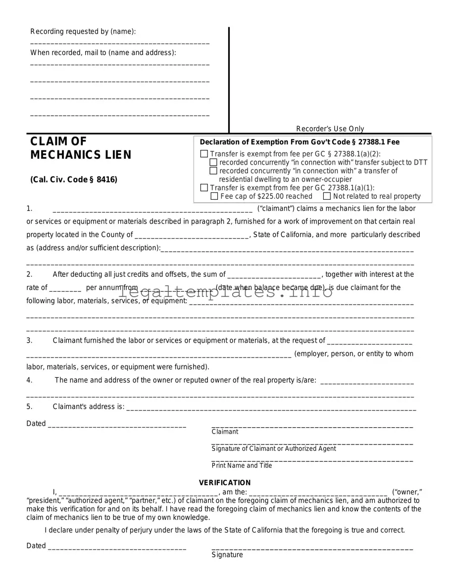 Fill a Valid Mechanics Lien California Form