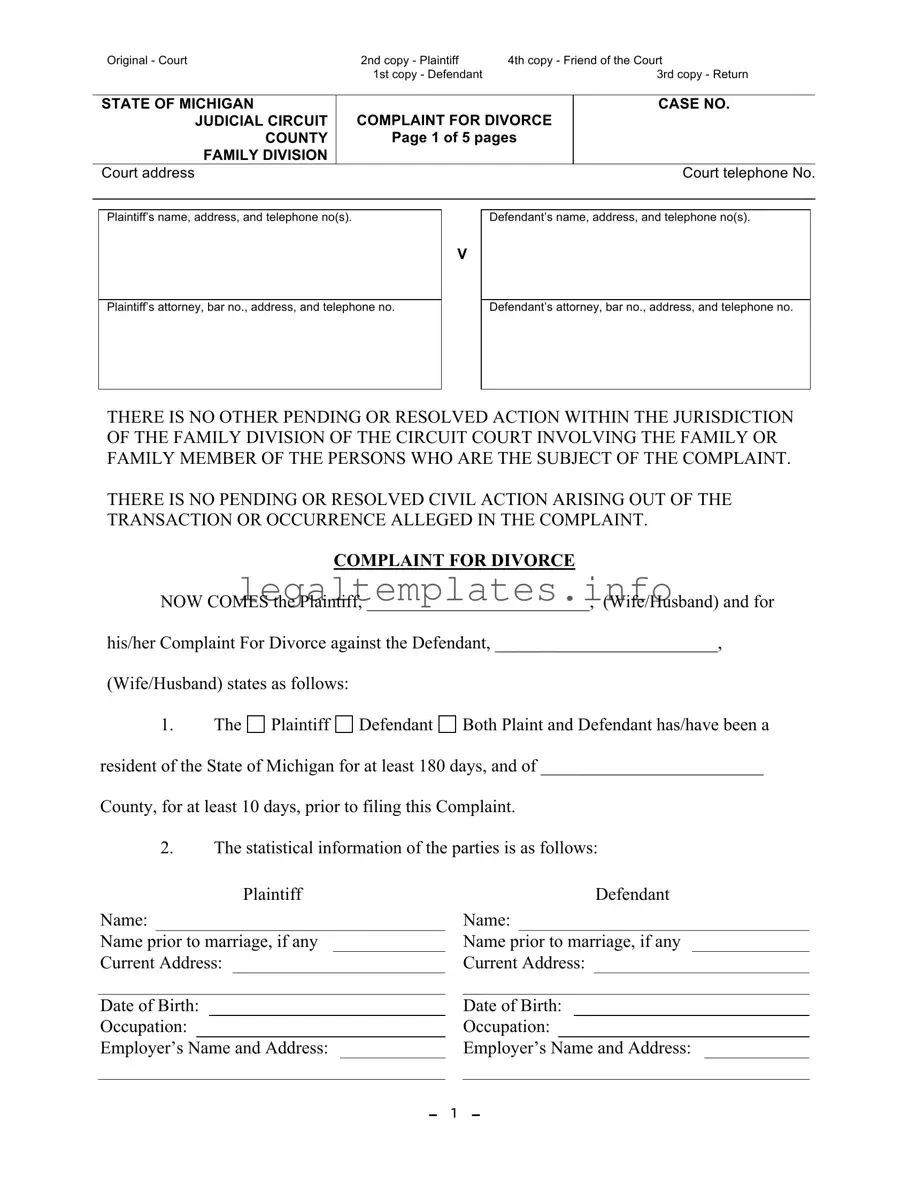 Fill a Valid Michigan Complaint Divorce Form