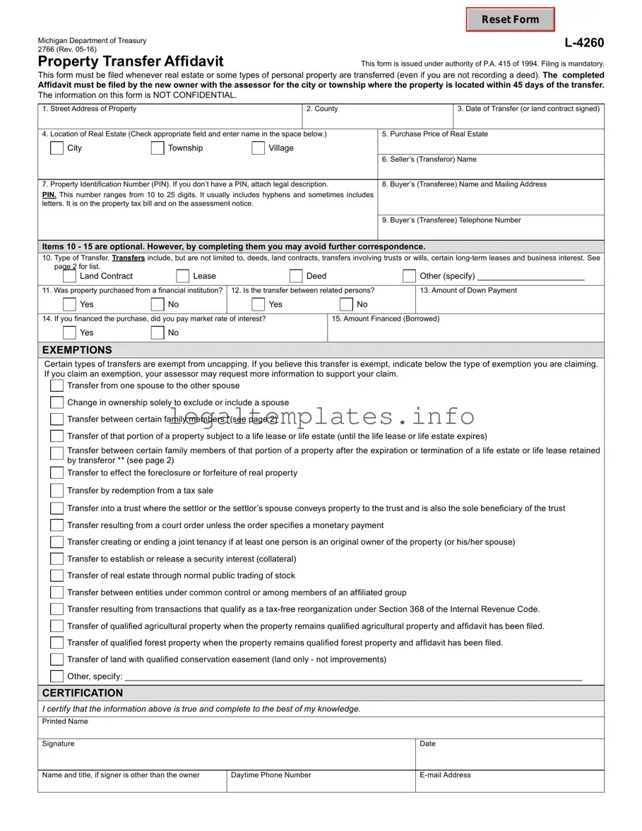 Fill a Valid Michigan Property Transfer Affidavit 2766 Form