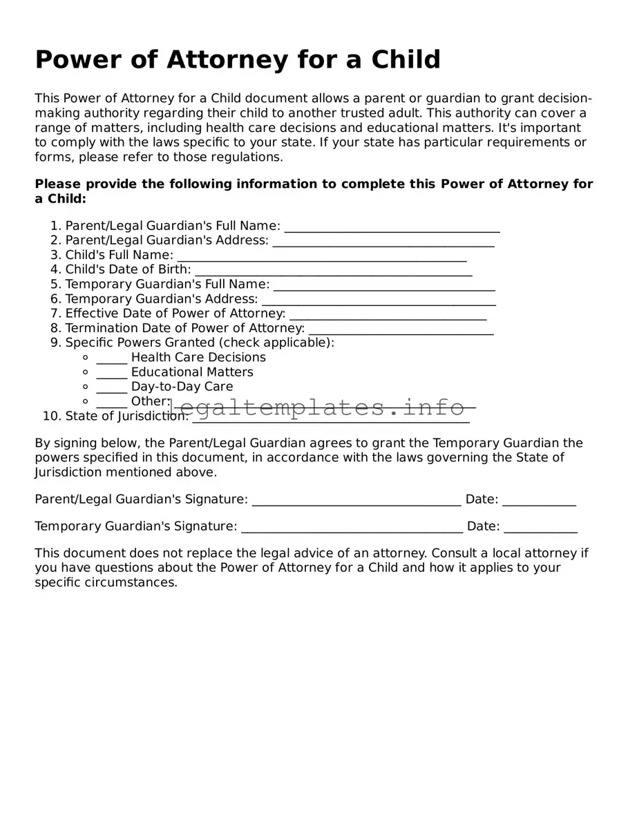 Fillable Power of Attorney for a Child Document