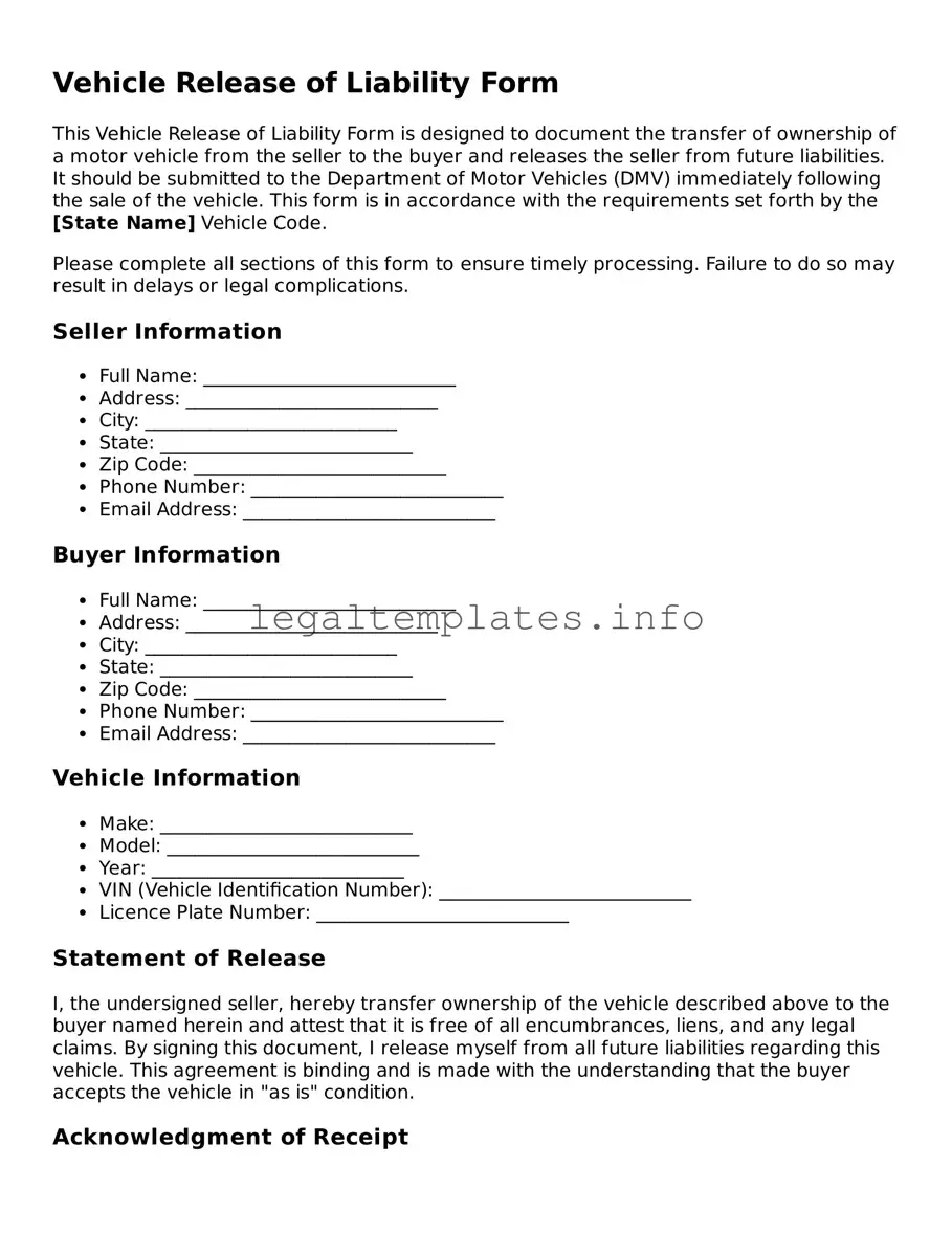Fillable Vehicle Release of Liability Document