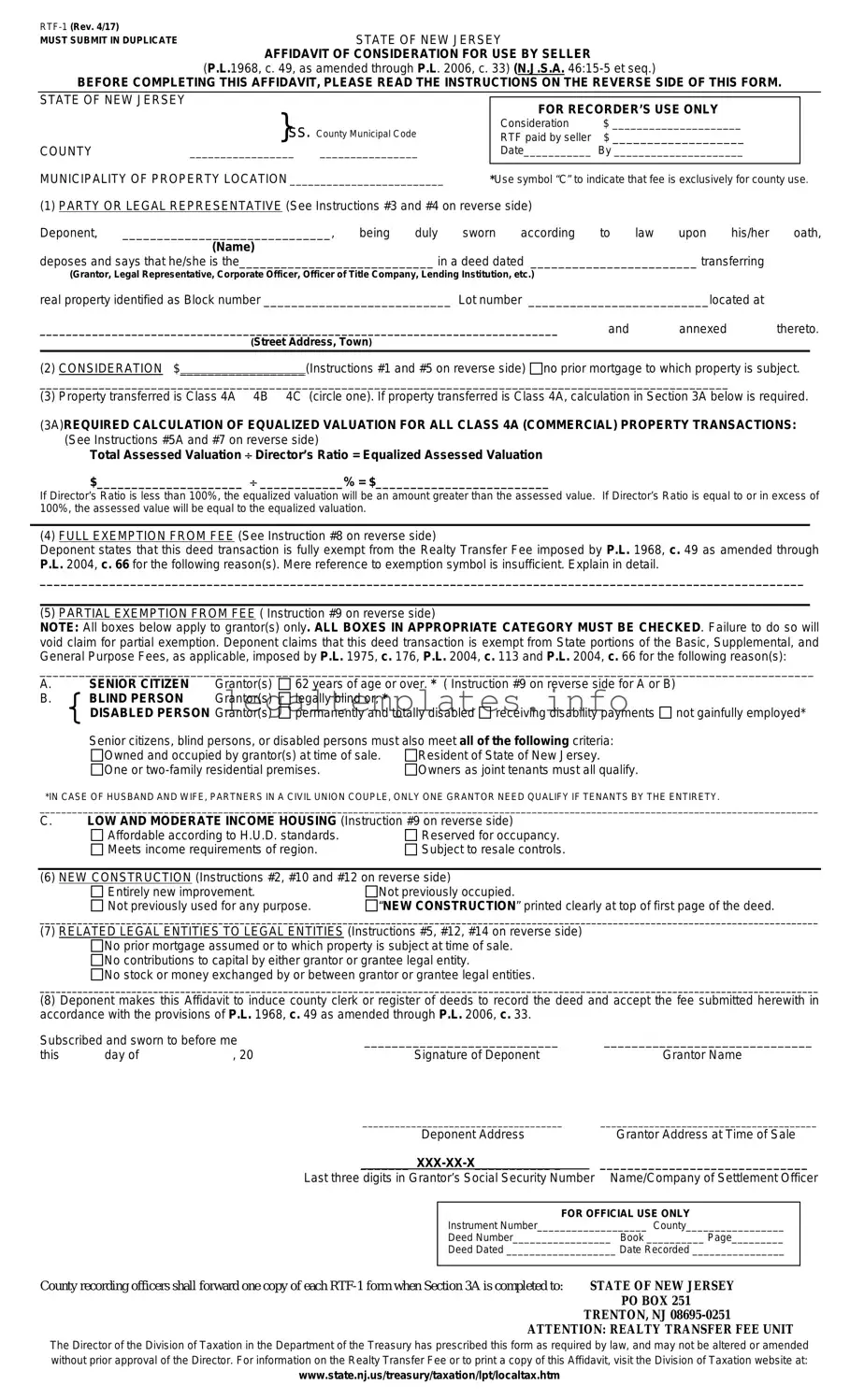 Fill a Valid New Jersey Affidavit of Consideration RTF-1 Form