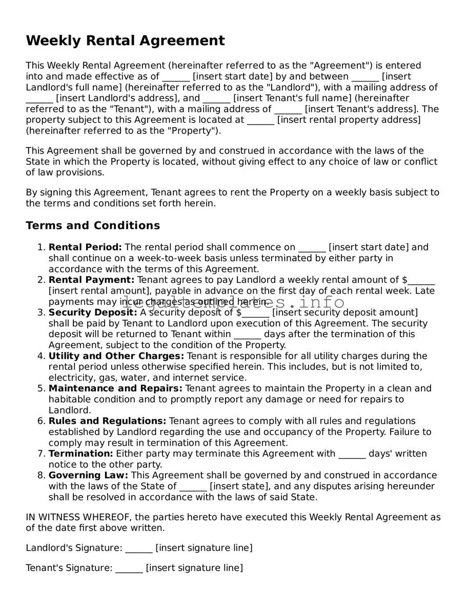 Fillable Weekly Rental Agreement Document
