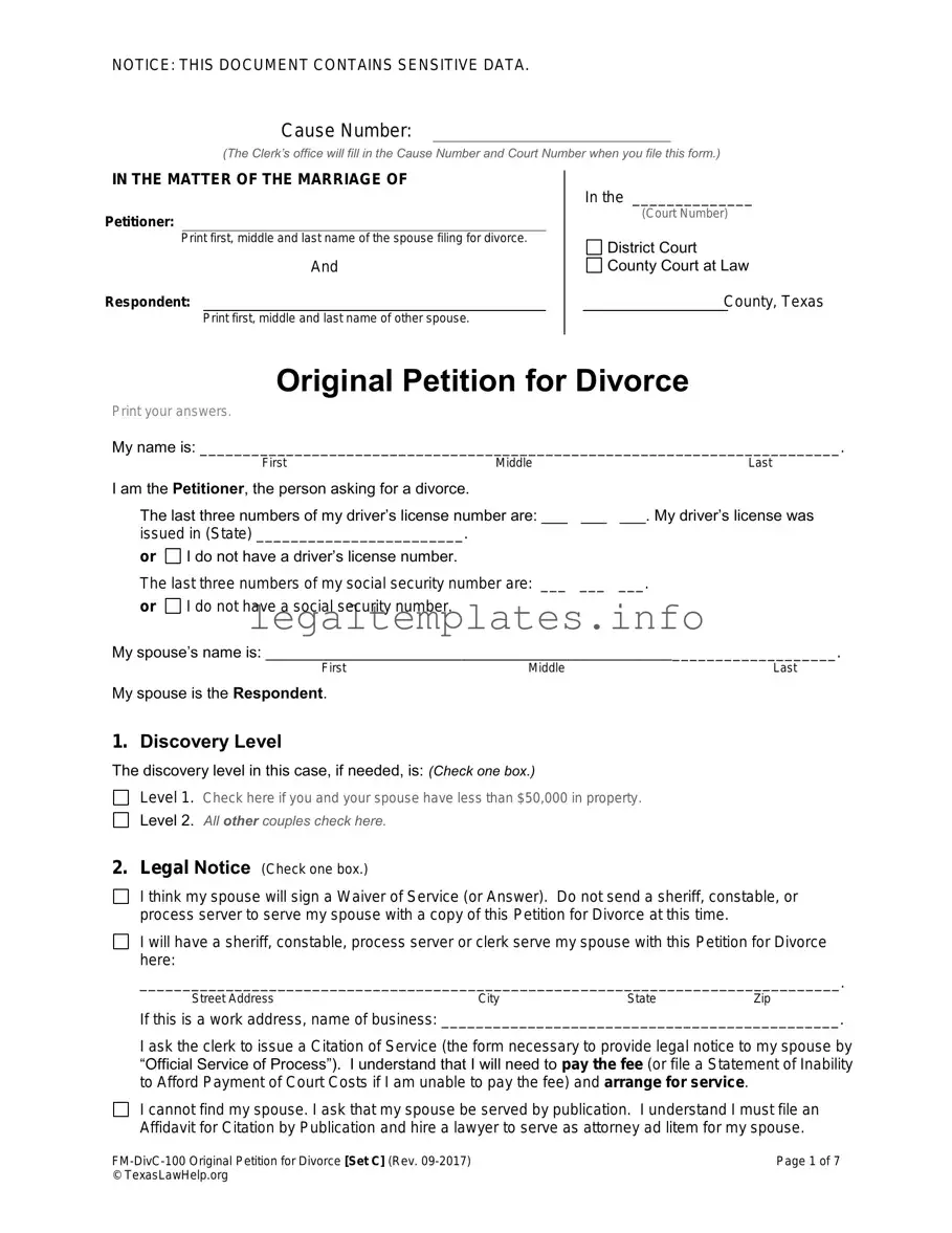 Fill a Valid Texas Law Help FM-DivC-100 Original Petition for Divorce Set C Form