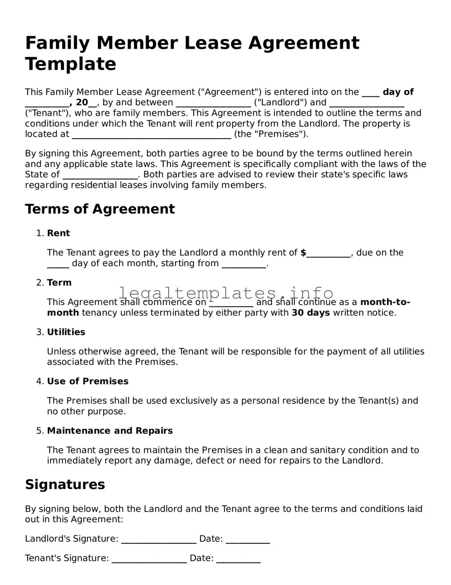 Fillable Family Member Lease Agreement Document