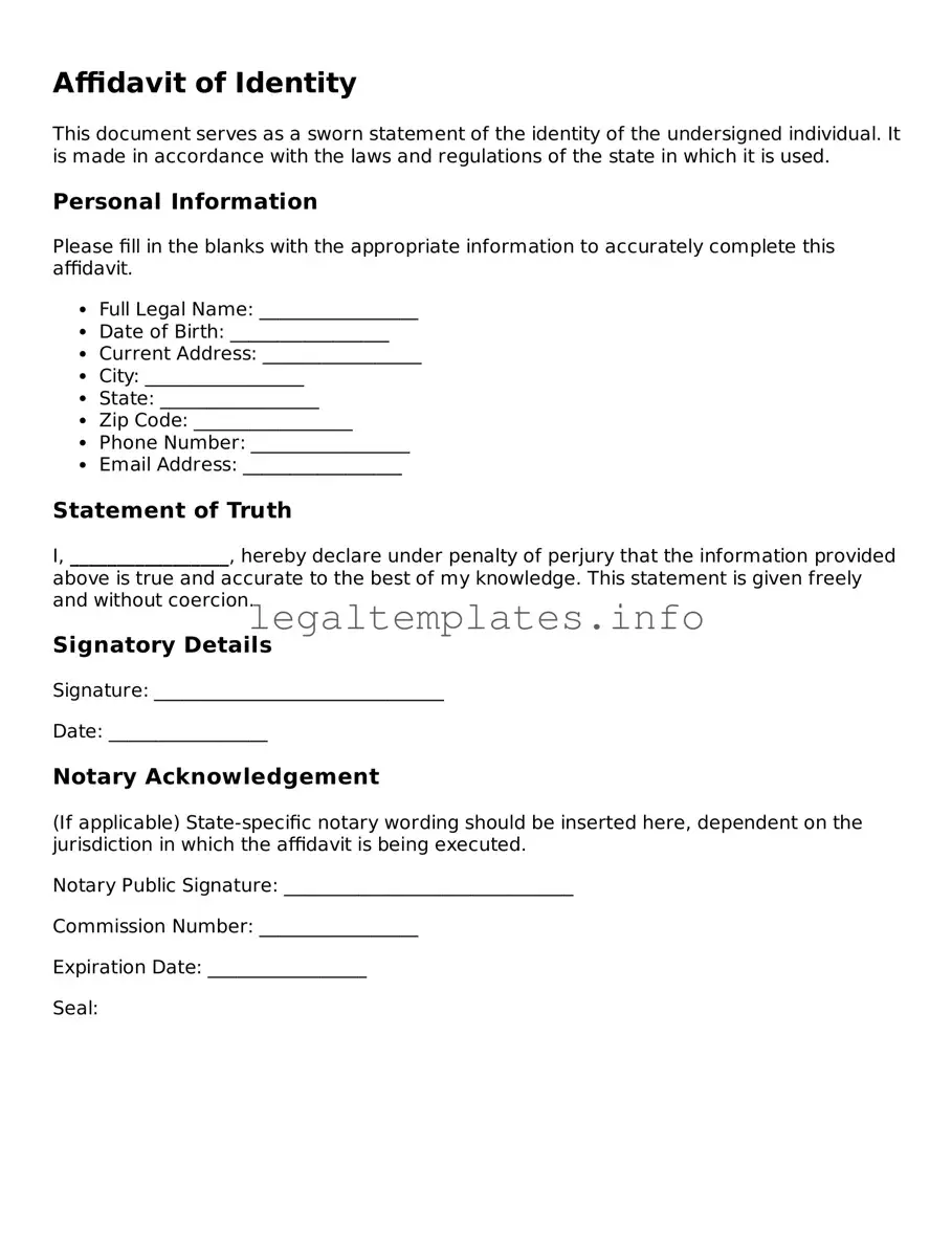 Fillable Affidavit of Identity Document